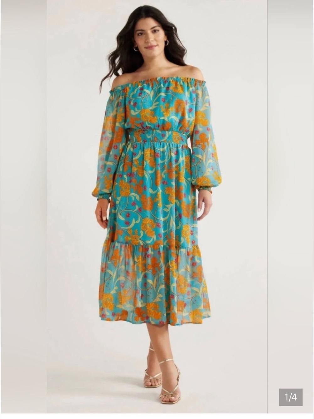sofia by sofia vergara Turquoise and Orange Off-Shoulder Floral Midi Dress